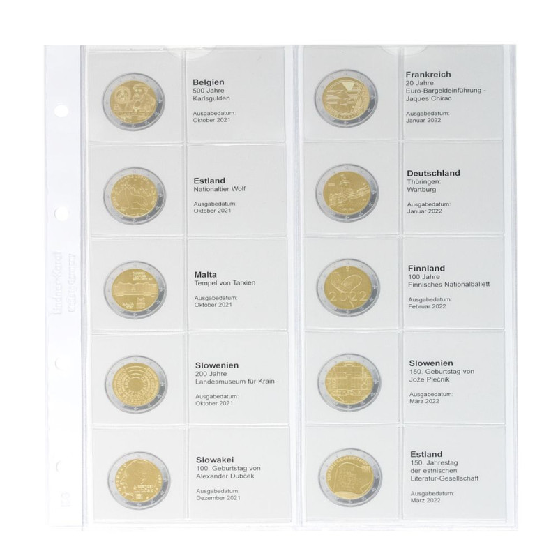 Feuille numismatique pré-imprimée karat pour 2 EURO commémoratives - chronologique : Belgique 2021 - Estonie 2022