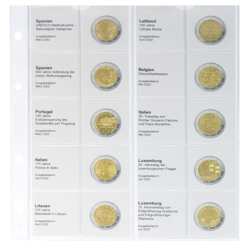 Feuille numismatique pré-imprimée karat pour 2 EURO commémoratives - chronologique : Espagne 2022 - Luxembourg 2022