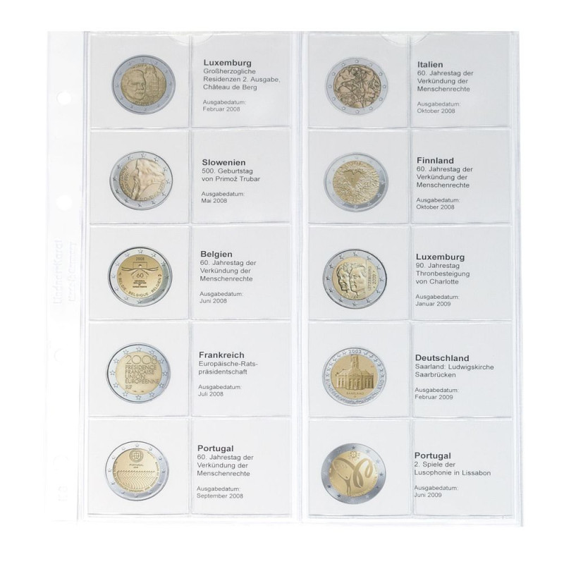 Feuille numismatique pré-imprimée karat 2 Euro commémoratives chronologique: Luxembourg 2008 à  Portugal 2009