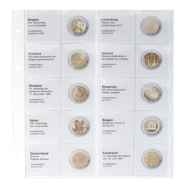 Feuille numismatique pré-imprimée karat 2 Euro commémoratives chronologique: Belgique 2009 - France 2010