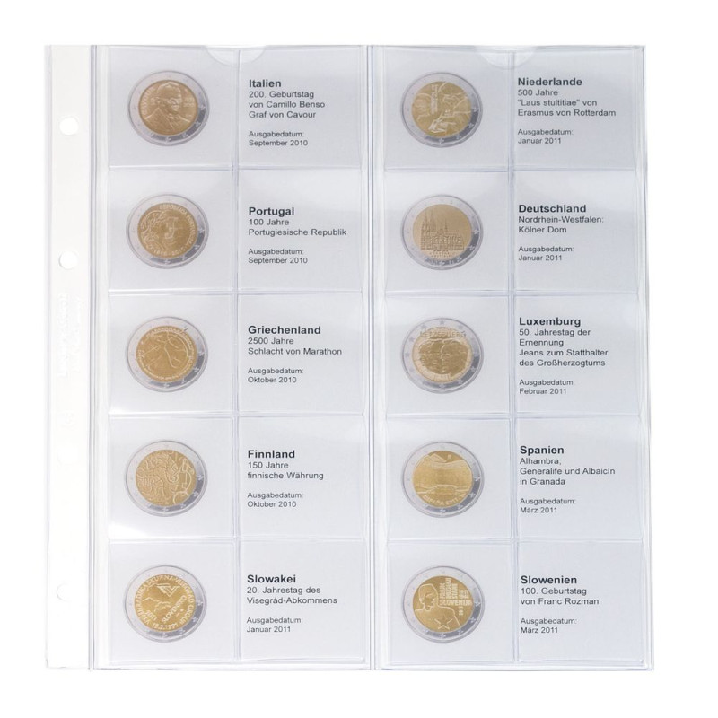 Feuille numismatique pré-imprimée karat 2 Euro commémoratives chronologique: Italie 2010 - Slovénie 2011