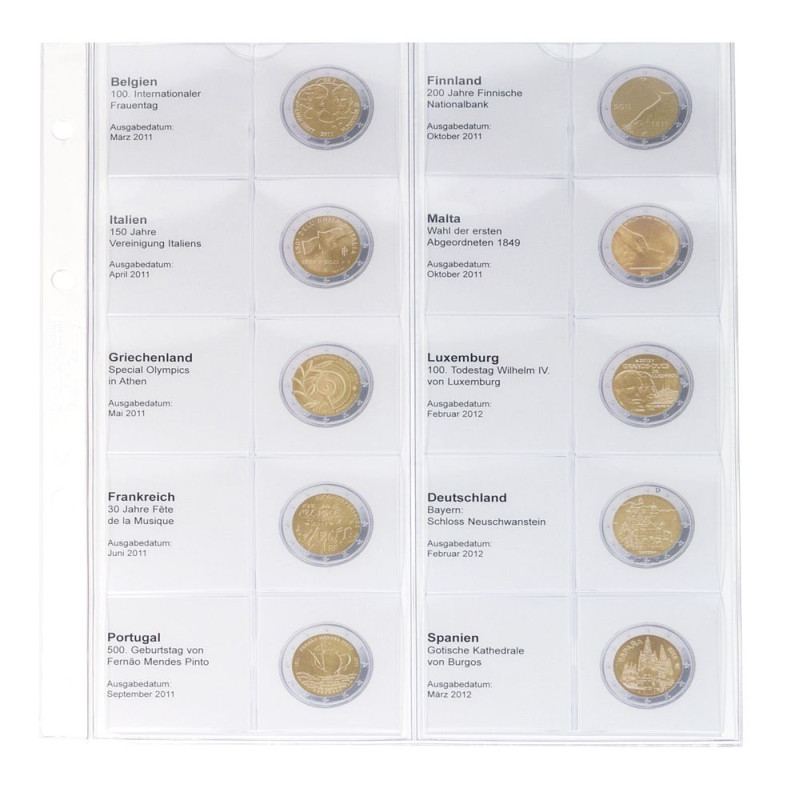 Feuille numismatique pré-imprimée karat 2 Euro commémoratives chronologique: Belgique 2011 - Espagne 2012