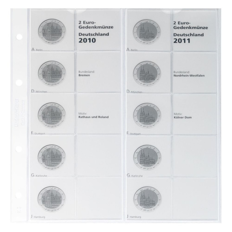Feuille pré-imprimée karat 2 Euro commémoratives "ÉTATS ALLEMANDS": 2010/2011, Bremen/Nordrhein-Westfalen