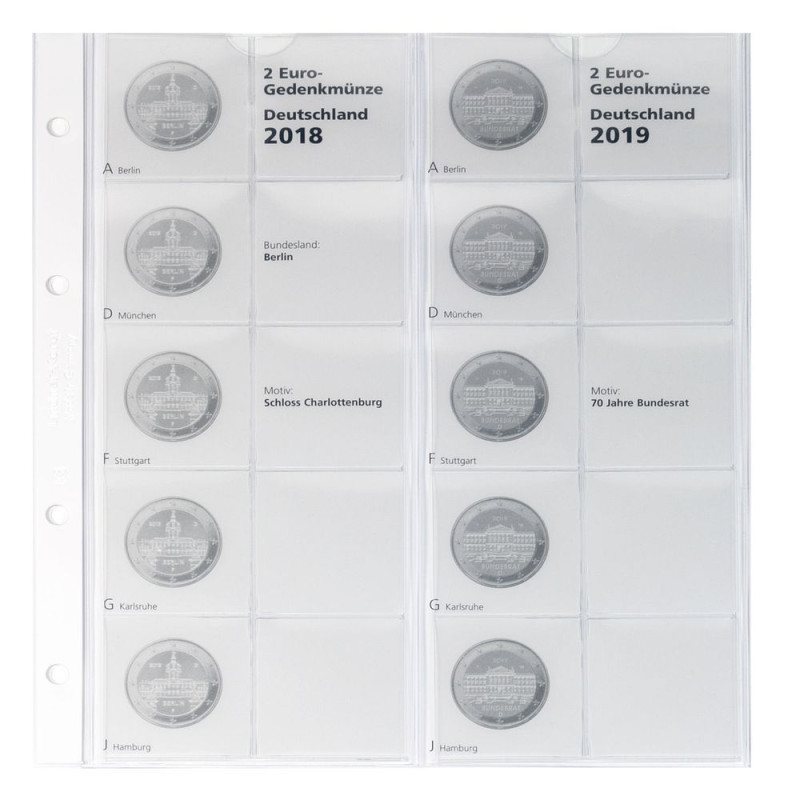 Feuille pré-imprimée karat 2 Euro commémoratives "ÉTATS ALLEMANDS": 2018/2019 Berlin & 70 ans de conseil fédéral
