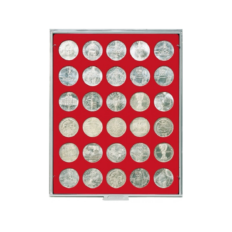 Plateau velours rouge vif à  30 alvéoles ronds pour monnaies Ø 36 mm