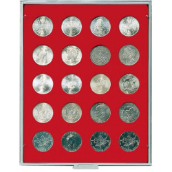 Plateau velours rouge vif à  20 alvéoles ronds pour monnaies Ø 38 mm
