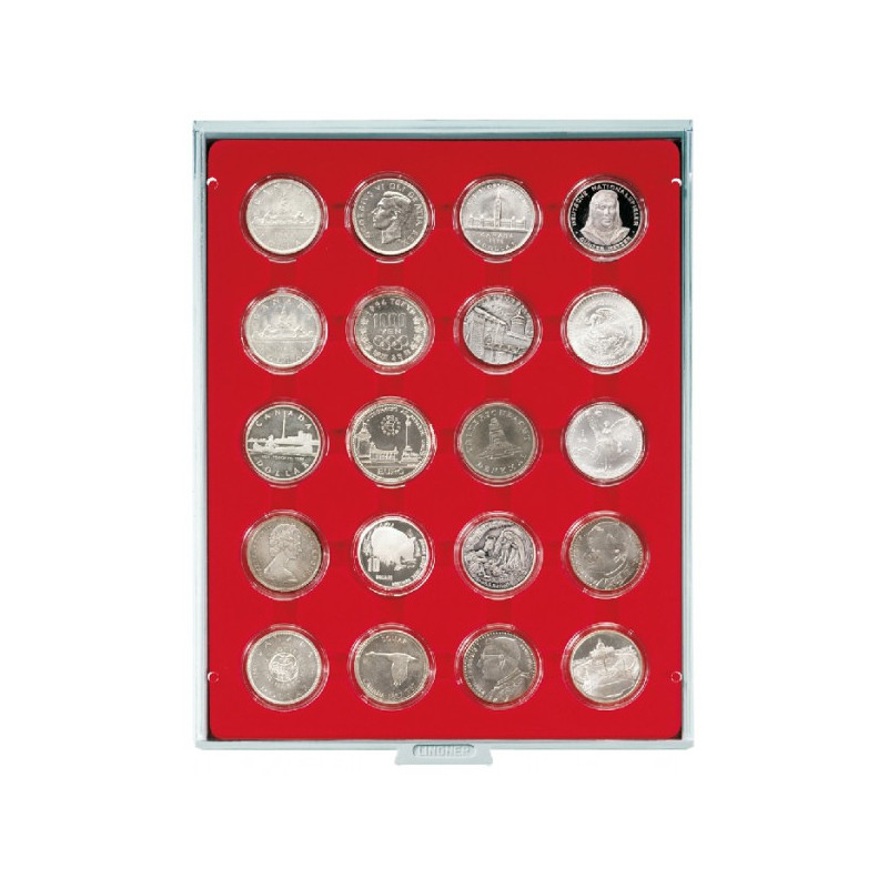 Plateau velours rouge vif à  20 alvéoles ronds pour capsules Ø ext. 42 mm