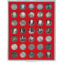 Plateau velours rouge vif à  35 alvéoles ronds pour monnaies Ø 31 mm