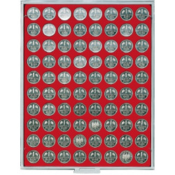 Plateau velours rouge vif à  80 alvéoles ronds pour monnaies Ø 23,5 mm