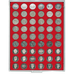 Plateau velours rouge vif à  54 alvéoles ronds pour monnaies Ø 26,75 mm
