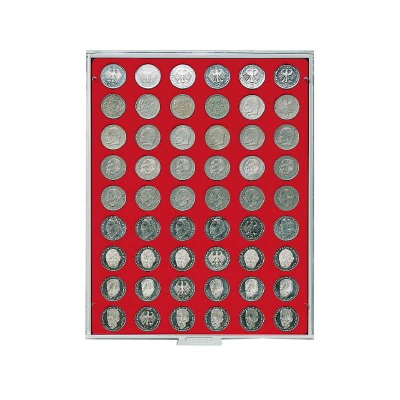 Plateau velours rouge vif à  54 alvéoles ronds pour monnaies Ø 26,75 mm