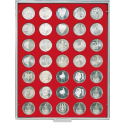Plateau velours rouge vif à  35 alvéoles ronds pour monnaies Ø32,5 mm, par ex. pour 20 Euro-/10 Euro- Argent Allemagne