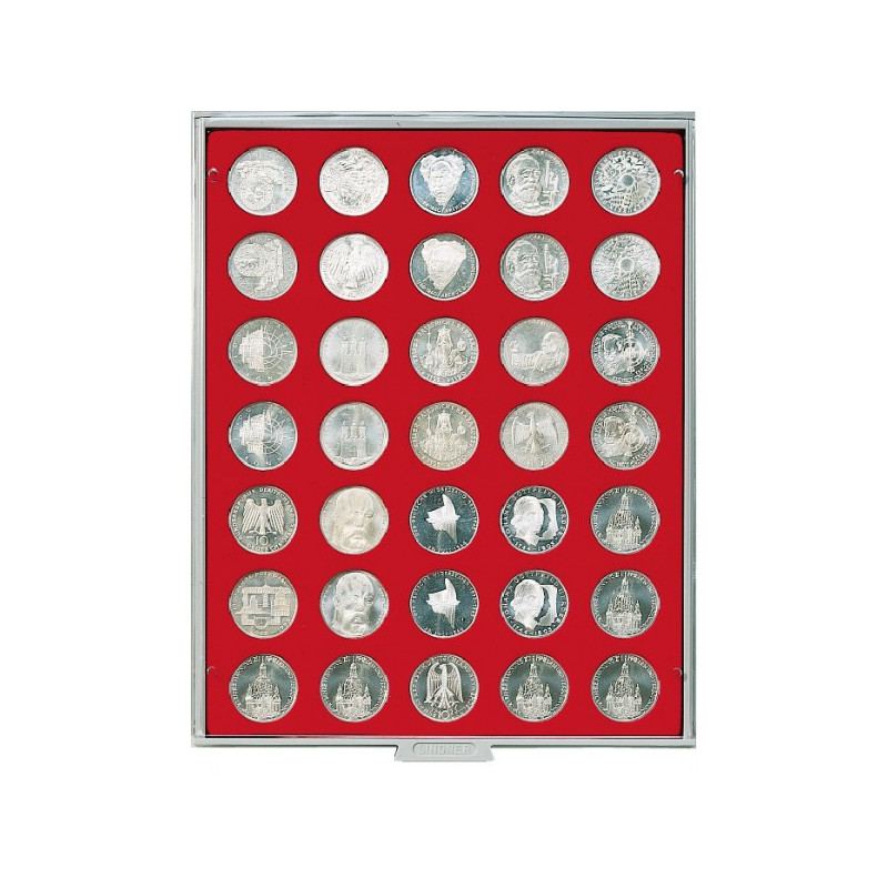Plateau velours rouge vif à  35 alvéoles ronds pour monnaies Ø32,5 mm, par ex. pour 20 Euro-/10 Euro- Argent Allemagne
