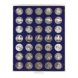 Plateau velours bleu foncé à  35 alvéoles ronds pour monnaies Ø32,5 mm, par ex. pour 20 Euro-/10 Euro- Argent Allemagne