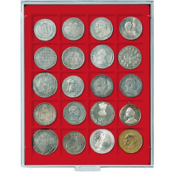 Plateau velours rouge vif à  20 alvéoles carrés pour monnaies/capsules jusqu'à   Ø 47 mm