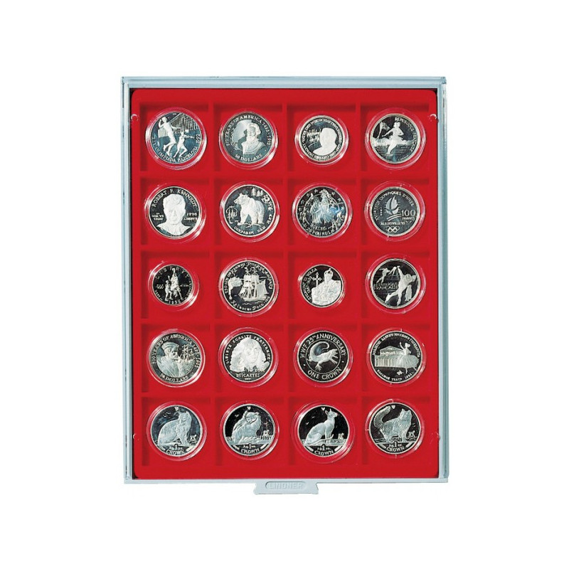 Plateau velours rouge vif à  20 alvéoles carrés extra profondes pour monnaies/capsules jusqu'à  Ø 51 mm