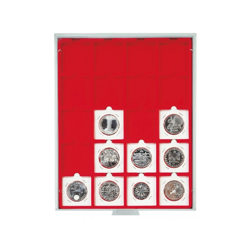 Plateau velours rouge vif à  20 alvéoles carrés pour étuis numismatiques 50x50 mm/capsules CARRÉE/OCTO