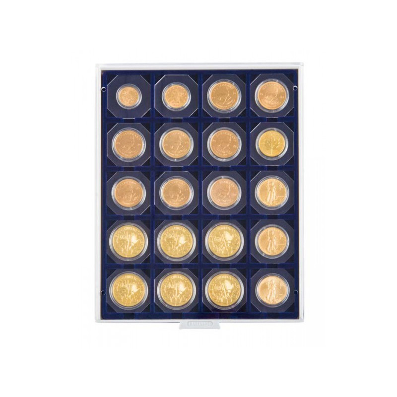 Plateau velours à  20 alvéoles carrés pour étuis numismatiques 50x50 mm/capsules CARRÉE/OCTO