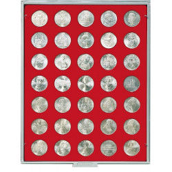 Plateau velours rouge vif à  35 alvéoles ronds pour monnaies de Ø30 mm