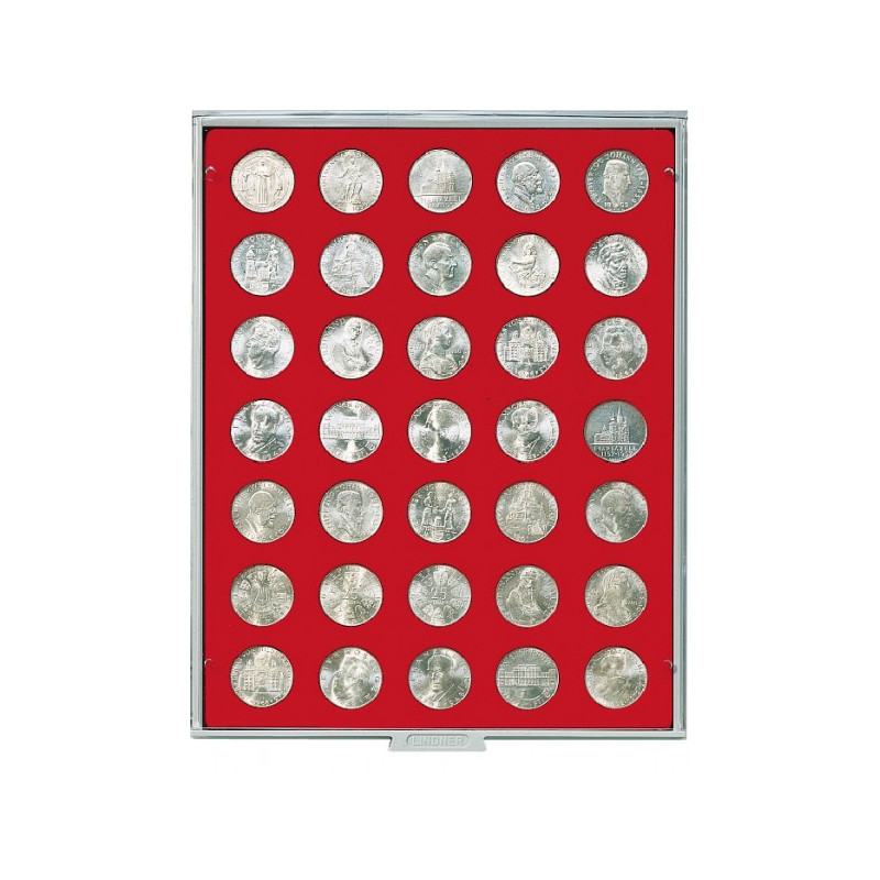 Plateau velours rouge vif à  35 alvéoles ronds pour monnaies de Ø30 mm