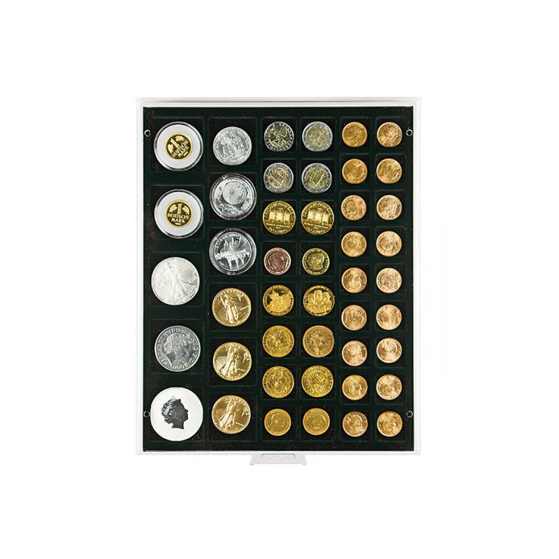 Plateau velours noir à  45 alvéoles carrés pour monnaies/capsules jusqu'à  Ø 24, 28, 39 et 44 mm