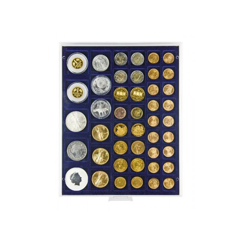 Plateau velours bleu foncé à  45 alvéoles carrés pour monnaies pour monnaies/capsules jusqu'à  Ø 24, 28, 39 et 44 mm