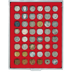 Plateau velours rouge vif à  48 alvéoles carrés pour monnaies/capsules jusqu'à  Ø 28 mm