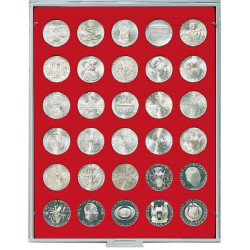 Plateau velours rouge vif à  30 alvéoles ronds pour monnaies Ø 34 mm
