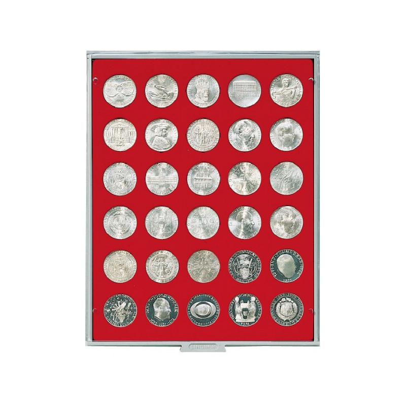 Plateau velours rouge vif à  30 alvéoles ronds pour monnaies Ø 34 mm