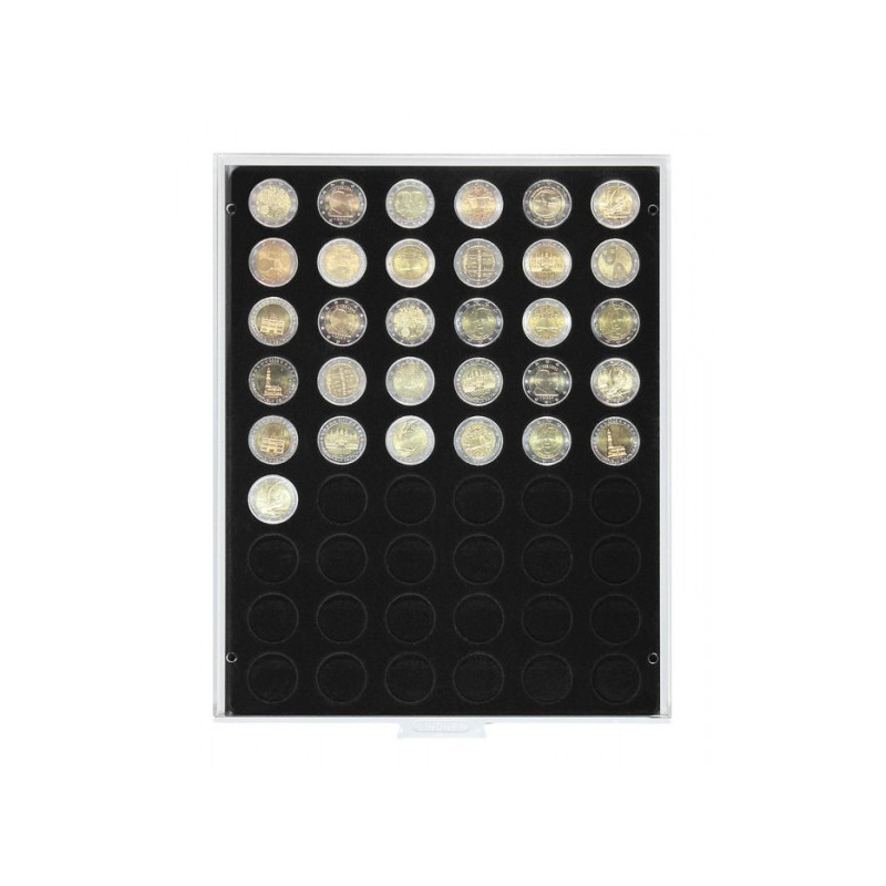 Plateau velours noir à  54 alvéoles ronds pour monnaies Ø 25,75 mm, par ex. pour 2 Euro