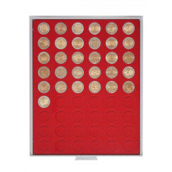Plateau velours rouge vif à  54 alvéoles ronds pour monnaies Ø 25,75 mm, par ex. pour 2 Euro