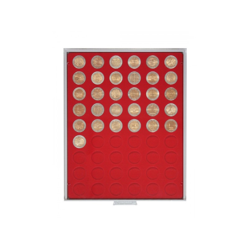 Plateau velours rouge vif à  54 alvéoles ronds pour monnaies Ø 25,75 mm, par ex. pour 2 Euro