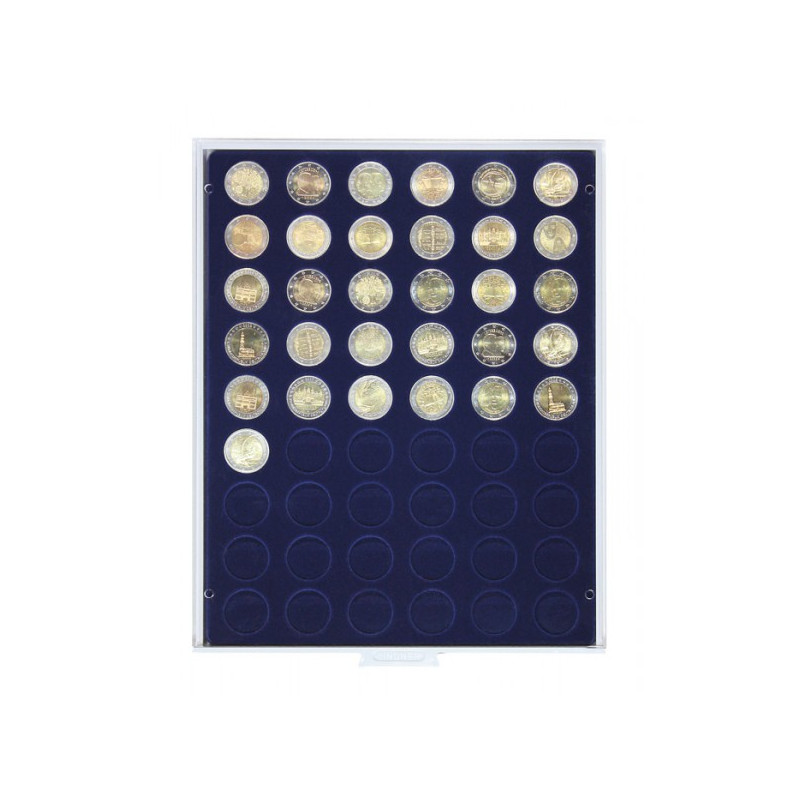 Plateau velours bleu foncé à  54 alvéoles ronds pour monnaies  Ø 25,75 mm, par ex. pour 2 Euro