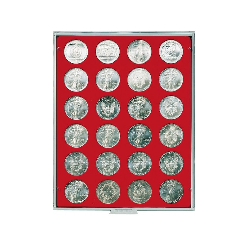Plateau velours rouge vif à  24 alvéoles ronds pour monnaies Ø 41 mm