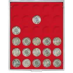 Plateau velours rouge vif à  30 alvéoles ronds pour monnaies Ø 37 mm