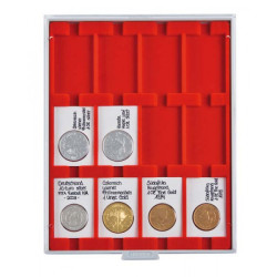 Plateau velours rouge vif à  12 alvéoles rectangulaires pour étuis REBECK COIN L 75x50 mm