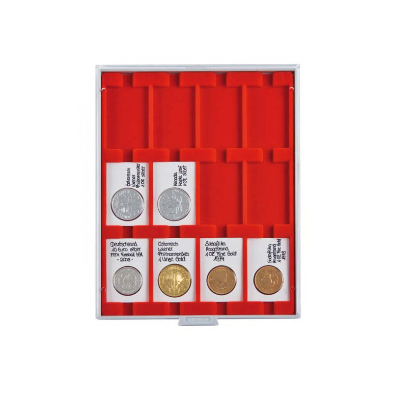 Plateau velours rouge vif à  12 alvéoles rectangulaires pour étuis REBECK COIN L 75x50 mm