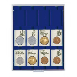 Plateau velours bleu foncé à  12 alvéoles rectangulaires pour étuis REBECK COIN L 75x50 mm
