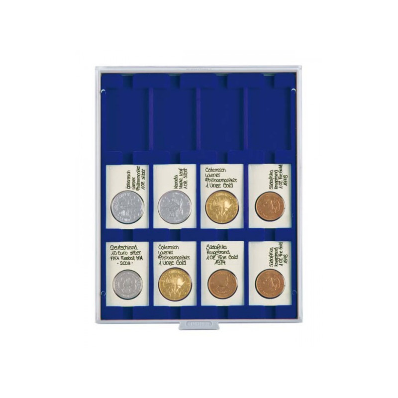 Plateau velours bleu foncé à  12 alvéoles rectangulaires pour étuis REBECK COIN L 75x50 mm