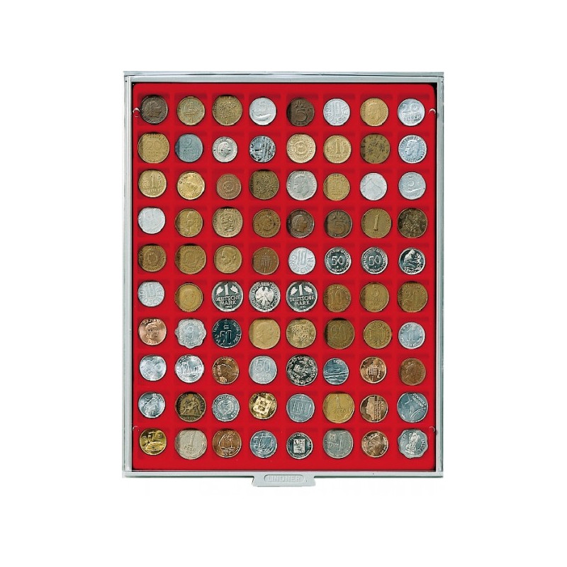 Plateau velours rouge vif à  80 alvéoles carrés pour monnaies/capsules jusqu'à  Ø 24 mm