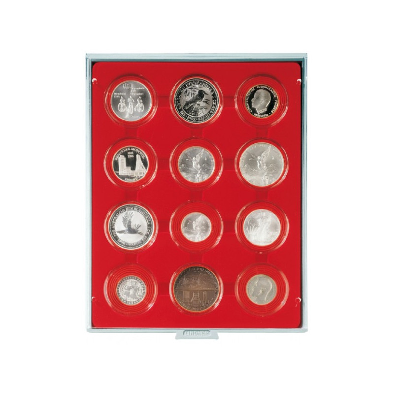 Plateau velours rouge vif à  12 alvéoles ronds pour capsules Ø ext. 58 mm et pour grandes capsules LINDNER avec cercles de ma