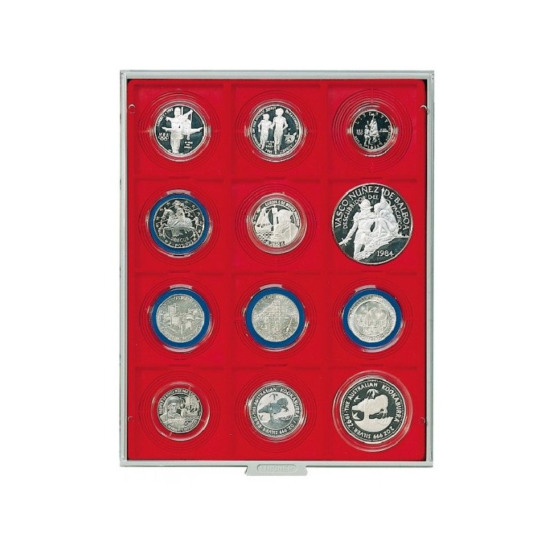 Plateau velours rouge vif à  12 alvéoles carrés pour Inletts-Box monnaies LINDNER 68x68 mm