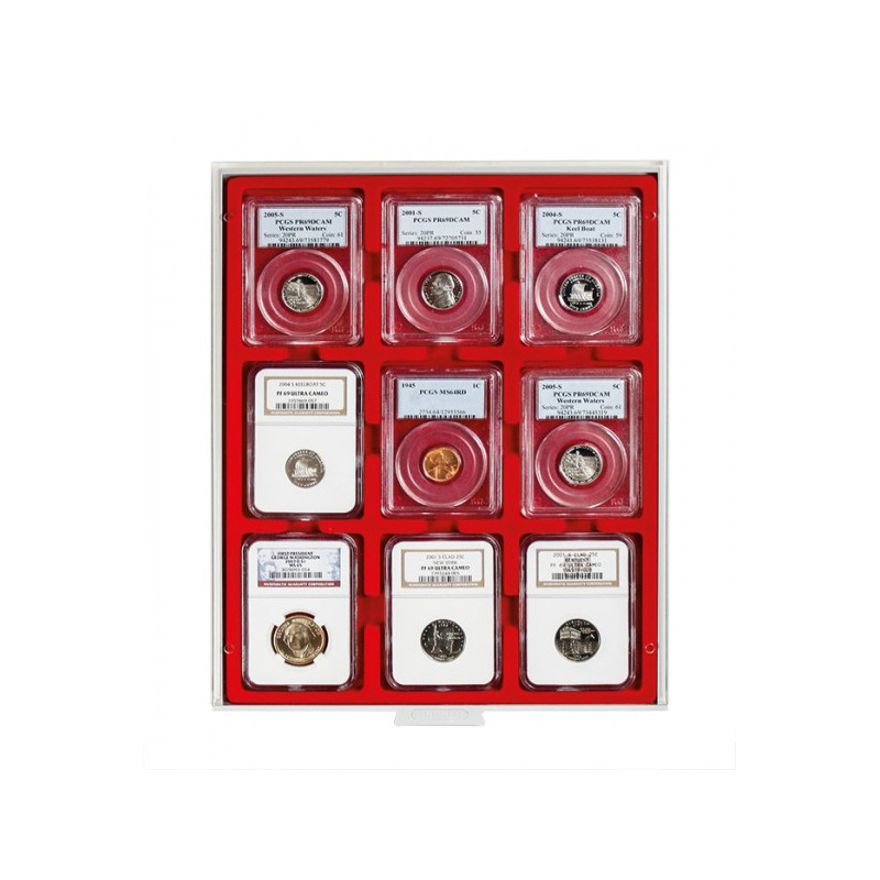 Plateau velours rouge vif pour 9 Capsules-US (Slabs) jusqu'au format 63x85 mm