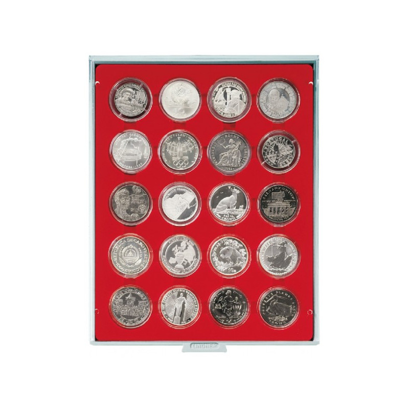 Plateau velours rouge vif à  20 alvéoles ronds pour capsules Ø ext. 46 mm et petites capsules box monnaies LINDNER  avec cerc