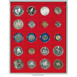 Plateau velours rouge vif à  20 alvéoles carrés pour Inletts box monnaies LINDNER 51x51 mm