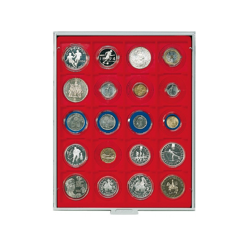 Plateau velours rouge vif à  20 alvéoles carrés pour Inletts box monnaies LINDNER 51x51 mm