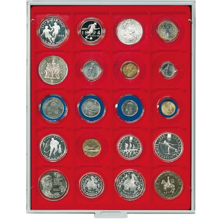 Plateau velours rouge vif à  20 alvéoles carrés pour Inletts box monnaies LINDNER 51x51 mm