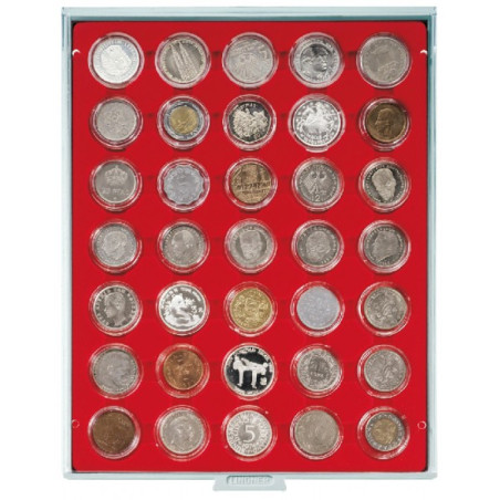 Plateau velours rouge vif à  35 alvéoles ronds pour capsules Ø ext. 36 mm