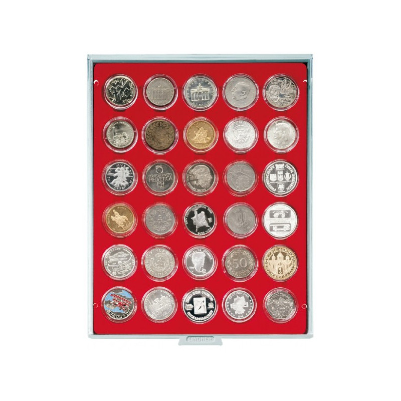 Plateau velours rouge vif à  30 alvéoles ronds pour capsules Ø ext. 39,5 mm, par ex. pour 20 Euro-/10 Euro-Argent Allemagne s