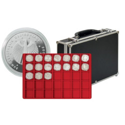 Grande valise numismatique de collection avec 8 plateaux rouges pour 280 monnaies ou capsules jusqu'à  39 mm Ø
